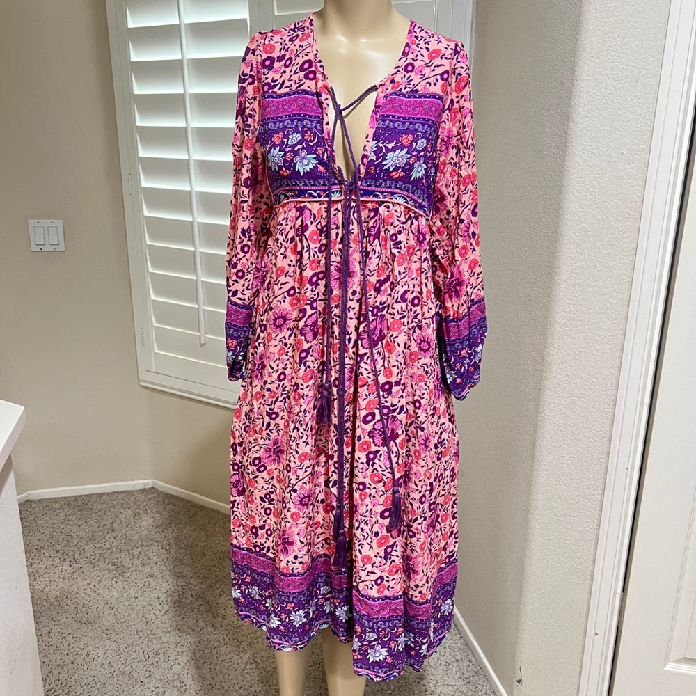 Bohemian Boho Hippie‎ Modest Paisley Floral Peasant Lounge Midi Dress Size Small - Picture 2 of 11